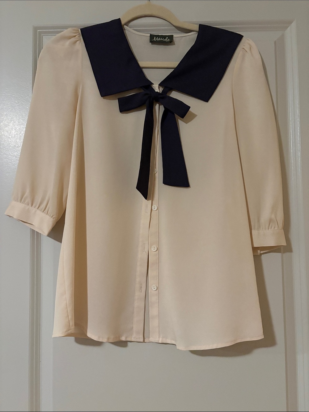 Maude Cream Button-Down Blouse with Navy Sailor Collar